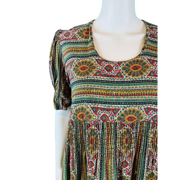 Vintage 70s Maxi Dress Women's Small Bohemian Smocked Waist Folk Tiered - Picture 5 of 10